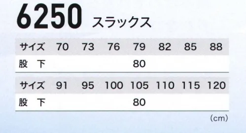 ジーベック 6250 スラックス 風が抜ける進化服。吸汗性・速乾性に優れたシャリコットサワー生地にさらにエアストリートシステムの採用で「爽やかな着心地」をより高いレベルで実現。通気性が良く、動きやすいメッシュプリーツロンでハードな現場から工場まで幅広くサポートします。ワンタックデザインですっきりシルエット。激しい動きにもゆとりを持ちつつ、必要以上のバタつきを抑え、すっきりシルエットにまとめたワンタックスラックス。吸汗・速乾性に優れたシャリコットサワーに、抗菌防臭加工を施し、帯電防止機能付きです。 サイズ／スペック