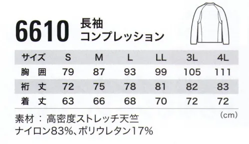 ジーベック 6610 長袖コンプレッション 現場服空調服に最適！機能を詰め込んだ新素材で今までにない着心地と快適性夏のインナーに必要な機能満載。全面消臭、吸汗速乾、接触冷感、吸湿性、紫外線遮蔽など着て実感できる高機能コンプレッションシリーズです。空調服と組み合わせてさらに快適な作業環境をお届けします。■Springie®（スプリンジー®）東レの「スプリンジー®」は、微細な溝を持つ異形断面と丸断面の単繊維をランダムに配列させてできる数um-10数umの隙間で発現する毛細管現象により、優れた吸汗速乾性を実現するテキスタイルです。また、セラミックを練り込んだ特殊なポリマーを使用することで、防透性、紫外線ガード、クリーニング機能も併せ持った快適素材です。■高い吸水速乾性異形断面糸を使用して汗の通り道を確保。素早い吸水速乾性を発揮。■高い紫外線遮蔽率と防透性繊維に特殊ポリマーを練り込み太陽光を遮蔽し、UVカットと同時に防透性を実現。白にもかかわらず最高水準のUPF50+■薄くて軽い。さらにムレにくい重ね着をしても空気を抱え込まない薄さで、湿気をこもらせず衣服内を快適に保ちます。■ひんやり、さらっとした肌ざわり極細繊維を高密度に編み、フラットな表面に仕上げました。肌に触れた瞬間のひんやり感とサラッとした肌ざわりで汗をかいてもべとつきの少ない新素材です。■全面消臭で汗の臭いを軽減。高い消臭性能消臭繊維を使用することで、素材全面に消臭効果を発現させることができます。アンモニアなどの汗の原因臭気に対する消臭性能を繊維自体がもつことで気になる汗の臭いを軽減できる快適素材です。 サイズ／スペック