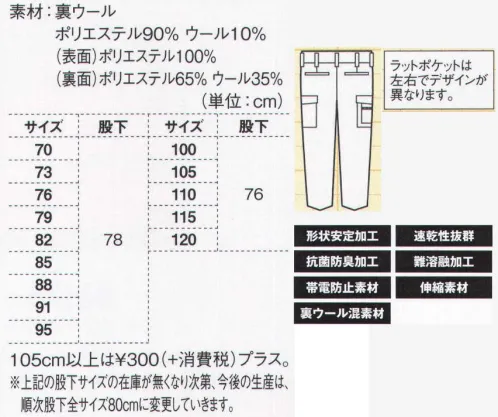 ジーベック 7130 ラットズボン 寒冷地で絶大な人気綿混率を高めた吸汗性の高い裏綿素材に、抗菌防臭加工と帯電防止加工を加えた機能性で、使い勝手のいいワークウェアとして評価をいただいています。室内外を問わず、広い職場に対応しています。裏ウール:暖かで、熱にも強い高機能素材。現場での収納力をアップする便利なラットポケット付き。ワンタックスタイルの両サイドに便利なラットポケットが付いたバージョン。業務内容に応じて、現場でのポケット収納力をアップ。 サイズ／スペック