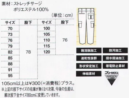 ジーベック 7577 ラットズボン 2タイプの上着で幅広い職場に対応伸縮性のあるストレッチサージに、防汚加工や撥水撥油加工、火熱に強い難溶融加工など多様な機能性を併せ持つ高機能ワークウェア。動きやすいプリーツロンを採用した初期モデルで、その効果を広めた功労者的存在であり、今も根強い人気を誇っています。現場での収納力をアップする便利なラットポケット付き。ノータックスタイルの両サイドにラットポケットが付いたバージョン。業務内容に応じて現場でのポケット収納力をアップ。 サイズ／スペック