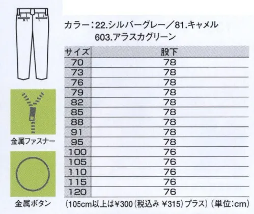 ジーベック 7782 ツータックスラックス プリーツロンとXEカットの組合わせ快適性がアップ。着易さと作業性NO．1。 サイズ／スペック