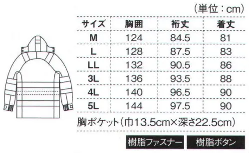 ジーベック 801 防水防寒コート 簿暮や夜間の高視認性能と昼間も目立つ蛍光色で安全性アップ＆事故防止。ISO20471の基準地をクリアした反射材と蛍光素材を使用しています。全天候対応 高視認性安全服「裏付けのある安全」を実現するために高性能な資材で構成されたデザイン。高視認性安全服は「蛍光色生地」と「再帰反射材」の要素で構成されます。ジーベックの高視認性安全服803シリーズに使用する蛍光色生地には国内メーカーの透湿防水生地を、再帰性反射材には海外規格で実績のある大手メーカーの資材を採用しています。超高輝度プリズム式再帰性反射材Reflexite J601 X(Xグリッド)ISO20471:2013最小輝度率の要求数値(330カンデラ)に対しての代表値ホワイト580cd/lx/㎡ライムイエロー580cd/lx/㎡オレンジ330cd/lx/㎡反射輝度代表値 観測角0.2°/入射角+5°「防水性」と「防寒性を兼ね備えた冬の悪天候時にも快適に着用できる仕様で、「雨」に強く「高輝度」な「プリズム式」の再帰性反射材を施しています。優れた再帰性反射性能で作業者の安全性を向上。防水・防風性能、防寒性を備えた高視認性安全服のコートです。雨や雪でも高輝度なさ域製反射材で車両事故の危険が多い作業者を守ります。 サイズ／スペック