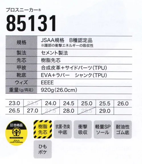 ジーベック 85131 セフティシューズ 履き心地最高のプレミアムシューズ誕生！！【ジーベックプレミアム】優れたクッション性と柔軟性を発揮するEVAミッドソールに、土踏まずからくるぶしにかけてのTPUシャンクが土踏まずの落ち込みを防ぎ足のネジレを防止して、抜群の安定感を生み出し、靴底はハニカム形状のラバーソールが高い防滑性を発揮。3つの機能を融合させた最強ソール搭載のセフティシューズ登場。最強ソールが生み出す最高のクッション性&安定性。働く足を考えたオリジナルトラストに、EVA・TPU・ラバーの長所を融合させた最強ソール搭載。スポーティなホワイト、力強いブラックの2色で優れたデザイン性とともに軽快なフットワークで足元をサポートします。●軽いEVAをベースに強い力が掛かる足指の付け根と踵部分に衝撃吸収材を組み合わせたインソールを採用しています。●踵上部のジーベックロゴは反射材プリント。視認性を高め夜間作業の安全性を高めてくれます。●サイドのTPUパーツは足を包み込み横方向のネジレを防止するとともに、シャープなデザインも演出しています。●ひもポケ。実用新案登録第3163095号。結んだ靴紐を収納して、事故を防止するひもポケ装着。ポイントはソールにあり！！●滑りにくいラバー素材を六角形のハニカム形状にして効率よく配置することでより防滑性を高めています。●EVAのクッション性・TPUシャンクの安定性、ラバー靴底の防滑性、各々の長所を融合させた最強ツール。 サイズ／スペック