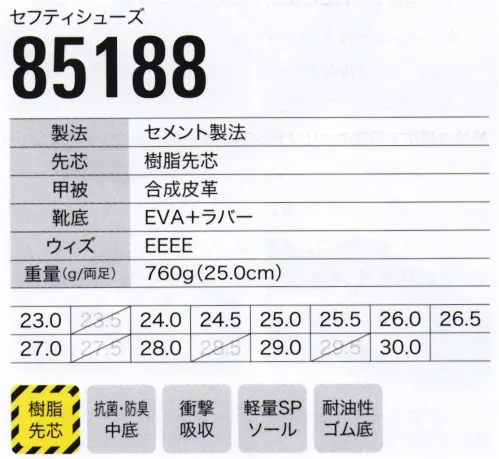 ジーベック 85188 セフティシューズ 精巧なフォルムに安全性・機能性とともにスポーティなクールデザインを融合。力強さとデザイン性を併せ持つスタイリッシュなモデルです。ツートンカラーが映えるスポーティなワークスタイル。足首をしっかりホールドするように配されたツートンカラーが、セフティシューズのハードなイメージを軽やかなスポーツ感覚にブラッシュアップ。4色展開の中からさらにオンリーワンをチョイスできます。運転がしやすいかかとを巻き上げたソール形状です。※ネーム・ラベル等のデザインが順次新デザインへ変更となります。 サイズ／スペック