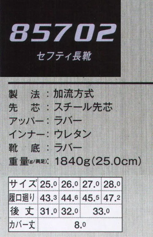 ジーベック 85702 セフティ防寒長靴 動きやすさと安全性に配慮した快適設計。伸び縮みして柔らかいウレタンインナー入り。開口部にアジャスターを装備、雪や砂の侵入をシャットアウト。インナーにはウレタン素材を使用して保温性を確保しています。●アジャスター。ワンプッシュ固定で自由自在に調節可能。侵入物をシャットアウトします。●グリップ力のある靴底。彫りの深いゴム底仕様で滑りにくく安心です。●硬くて軽いスチール先芯。 サイズ／スペック