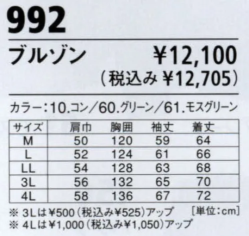 ジーベック 992 防寒ブルゾン 撥水・撥油に優れたエコ防寒です。超撥水加工で、雨はもちろん、油汚れもはじいて寄せ付けません。さらに、環境負荷を低減するエコ素材を使用しています。超撥水加工だから、汚れがつきにくい。生地素材は再生ポリエステル。撥水・撥油に優れた超撥水処理を表面に施し、作業に伴う油汚れや、寒冷地での雨雪対策に威力を発揮します。※【仕様変更】在庫が無くなり次第、左胸ポケット内部の小ポケットは外していきます。 サイズ／スペック