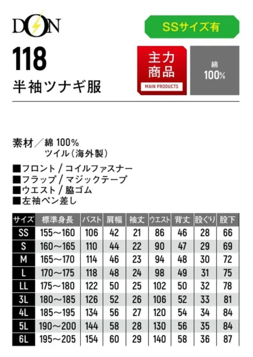 ヤマタカ 118 半袖ツナギ服 ナチュラル素材の心地よさ。カラー×サイズ×低価格。帽子「1017」・「1017-B」とあわせても◎。※綿製品につき、洗濯時の縮み・色落ちにご注意ください。【仕様変更について】順次、左胸ポケット内部のループは外していきます。在庫は新旧混在する可能性がございます。予めご了承ください。※「8 ピンク」「9イエロー」は、販売を終了致しました。  サイズ／スペック