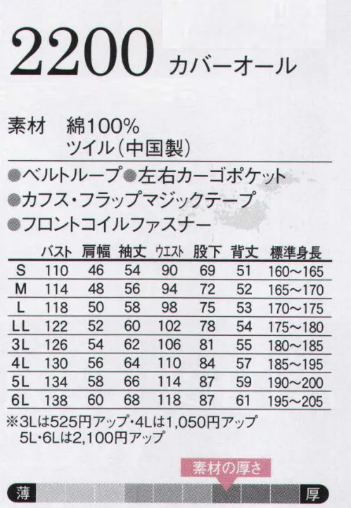 ヤマタカ 2200 カバーオール カジュアルでありながらハードな現場に耐え抜く丈夫さも忘れない。そんな素材の定番、「ツイル」。この素材感へのこだわりこそが、ワークスタイルの誇り。※綿製品につき、洗濯時の縮み・色落ちにご注意ください。【仕様変更について】2023年より、順次、右胸ポケット内部の携帯ポケットは外していきます。在庫は新旧混在する可能性がございます。予めご了承ください。※「39 ブラウン」「53 レンガ」は販売を終了致しました。 サイズ／スペック