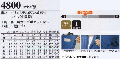 ヤマタカ 4800 ツナギ服 アコーディオンバック:腰の蛇腹で突っ張りをなくします。※「9 イエロー」は販売を終了致しました。 サイズ／スペック