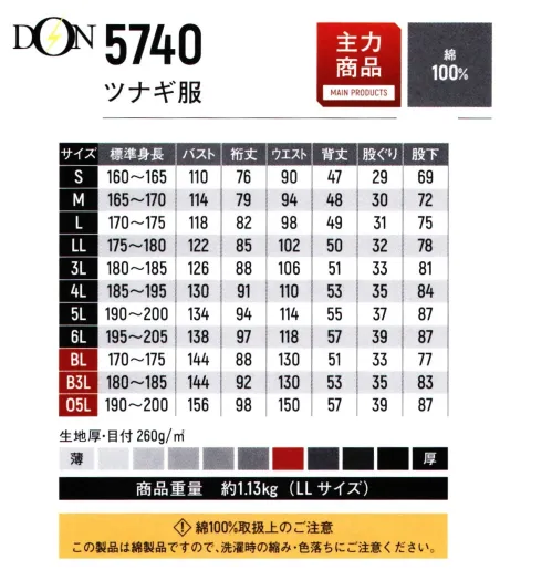 ヤマタカ 5740 ツナギ服 ワークシーンで、着心地感の良さを幾つもの機能がサポート。●胸・左尻フラップ付ファスナーポケット●アコーディオンバック:腰の蛇腹で突っ張りをなくします。●胸ビッグポケット●消臭・抗菌ネーム:消臭・抗菌効果のあるネーム。●膝当て（パット入）●楽珍袖:従来の衣服に見られる、布の引きつれ現象は、人間の自由な運動を大きく阻害するものでした。そこで、私たち独自の視点からユニフォームを考察することで、これらの問題をすべて解決したのです。“摩擦の軽減”という従来の伸縮性の宿命を、新開発の3次元構造、立体裁断の原理により解消し、自由な運動性能と静止時の美しいシルエットを実現しました。独自のカッティングで、自由な動き、関節の動きにあわせた楽珍袖。運動時のアクティブな動きと、静止時の美しいシルエット。同時にあわせもつことが不可能とされていたこの2つの機能を可能にした楽珍袖。脇の裾から袖口までを一枚の生地によってカッティングし独自の特殊縫製法により、脇の下のつっぱりを解消。上下、前後、左右と、フリーな腕の動きを可能にしました。袖びひきつり感がなく、脇の下が軽い感じ。体にぴったりフィットし、美しいシルエットを保ちます。※綿製品につき、洗濯時の縮み・色落ちにご注意ください。※「BL～O5Lサイズ」は、「1ブルー」「2ネイビー」のみとなります。【仕様変更について】順次、ドットボタンが厚手用のドットボタンに替わります。在庫は新旧混在する可能性がございます。予めご了承ください。 サイズ／スペック