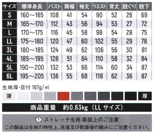 ヤマタカ 651 ツナギ服 男女兼用【仕様・特長】・伸長率20％のストレッチ生地・スマホや手帳の収納に便利なファスナーポケットには目を引く再帰反射テープ付・屈んでも使いやすい左ももポケット。・JIS T-8118規格適合商品【素材】生地:ストレッチライトツイル（日本製） ポリエステル65％・綿35％生地厚（目付）:167g/m2商品重量:約0.63kg（LLサイズ）この製品は生地の特性上、洗濯および乾燥機による縮みにご注意ください。同仕様オールシーズン向け（商品番号6501）もございます。 サイズ／スペック