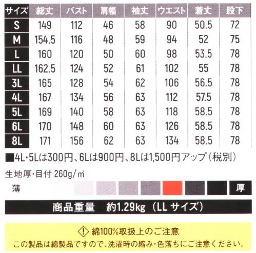 ヤマタカ HM4208 難燃ツナギ服 優れた耐炎・耐熱・制電性難燃加工綿100％で作られた、耐炎・耐熱・制電性の高いHONO素材を使用。コットンならではのやわらかく肌触りの良いことも魅力的です。安全性を高めたツナギ服で、火を使う作業におすすめします。他の製品の難燃（後加工）についてもご要望がございましたらお気軽にお問い合わせください。【特長】・裾ヒモ通し穴・カラビナツインループ・背中ノーフォーク・アコーディオンバック【素材】生地:綿100％生地厚・目付:260g/m2重量:約1.29kg（LLサイズ）洗濯時の縮み・色落ちにご注意ください。 サイズ／スペック