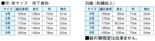 東京ゆかた 65231 綸子羽織と袴下着物セット（あわせ仕立）帝印 羽織のみに「丸に違い鷹の羽」の刺繍紋が入っております。紋無し、及び紋のご指定はできません。※この商品の旧品番は「25231」です。※この商品はご注文後のキャンセル、返品及び交換は出来ませんのでご注意下さい。※なお、この商品のお支払方法は、先振込（代金引換以外）にて承り、ご入金確認後の手配となります。 サイズ／スペック